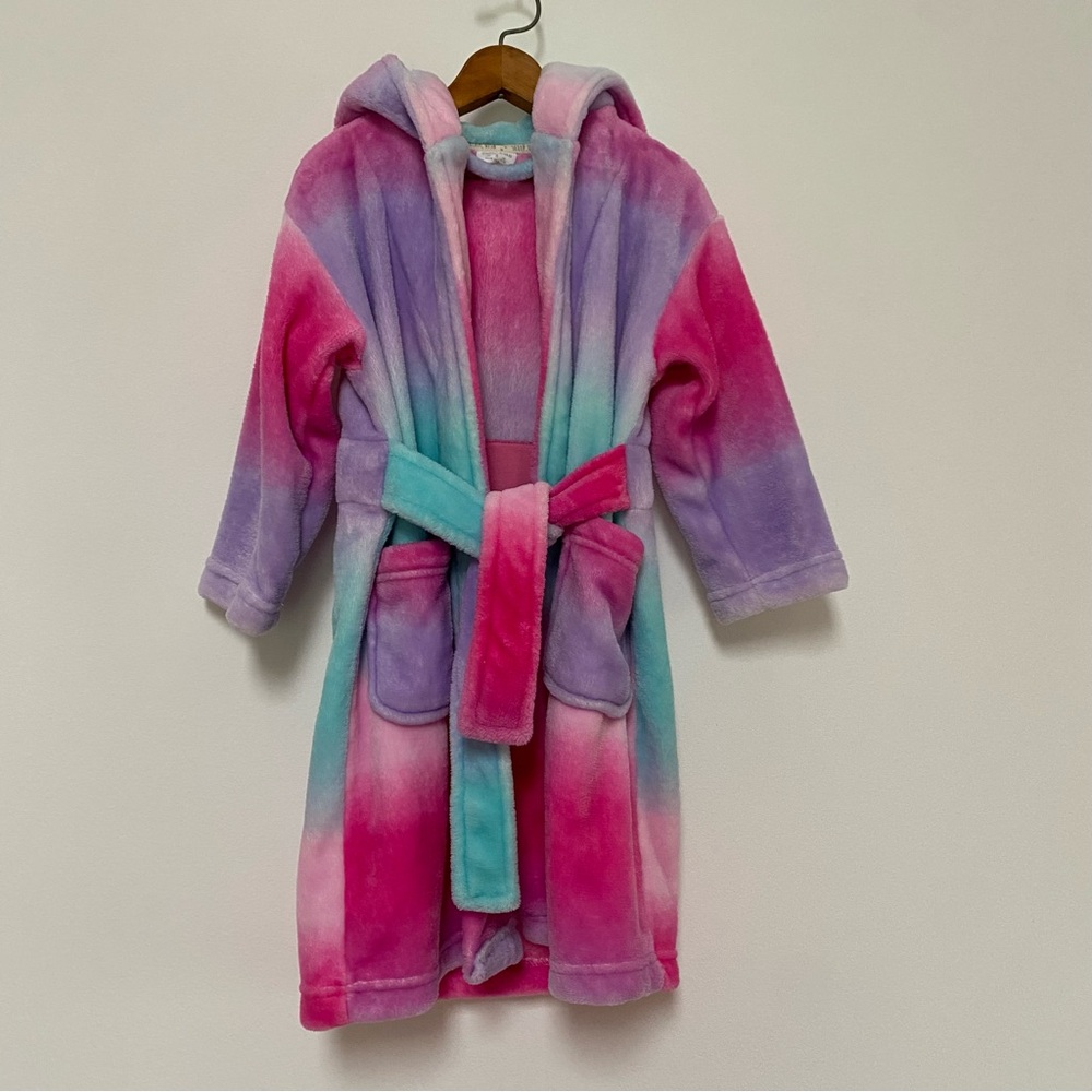 Girls Rainbow Plush Bath Robe Size 3-4 Pink Purple